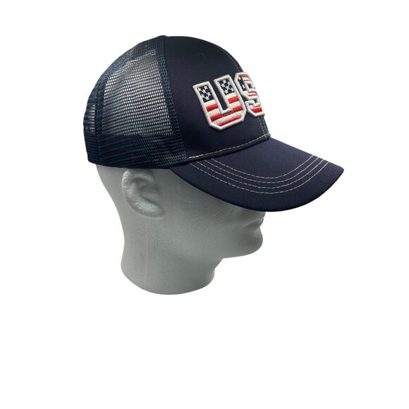 USA Flag Embroidered Trucker Hat Mesh Back Adjustable Snapback Navy Blue Cotton - Picture 3 of 7